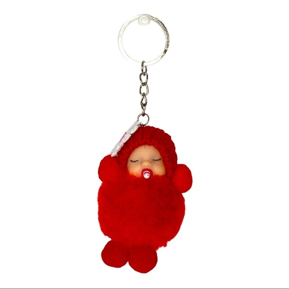 SLEEPY BABY WITH PACIFIER SMALL POMPON IN RED KEYCHAIN CHARM - Picture 2 of 6